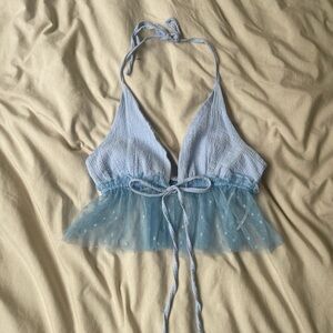 Light Blue Halter Bralette with Sheer Polka Dot Trim
